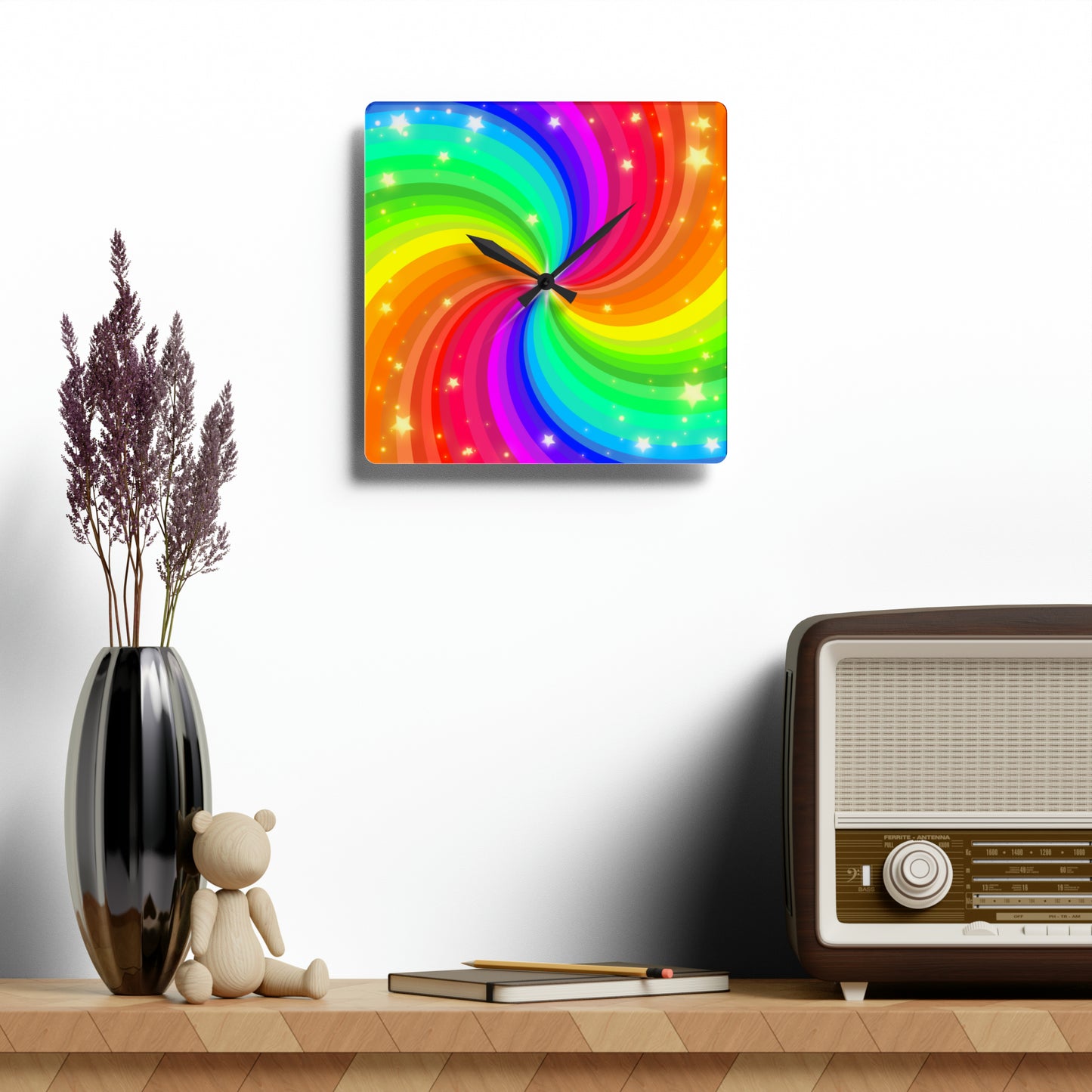 Rainbow and Stars Swirls Acrylic Wall Clock