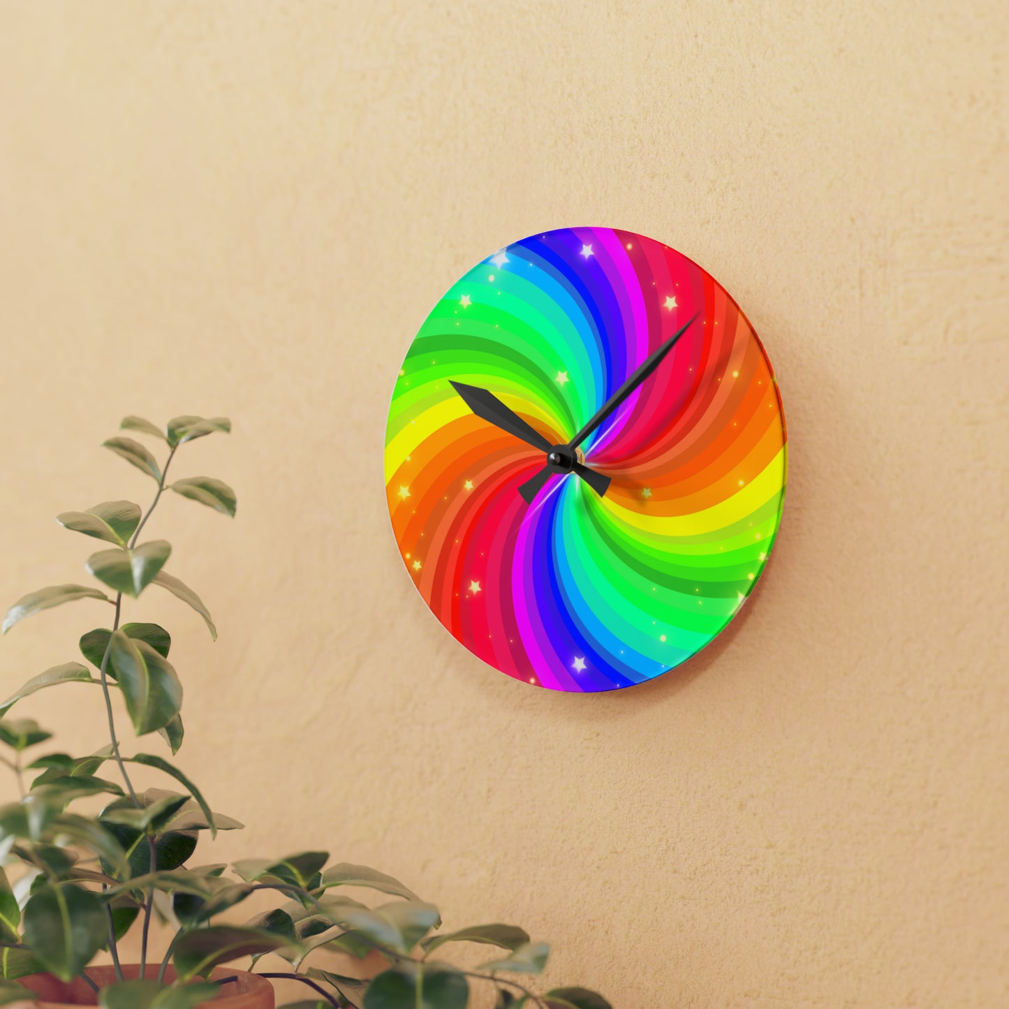Rainbow and Stars Swirls Acrylic Wall Clock